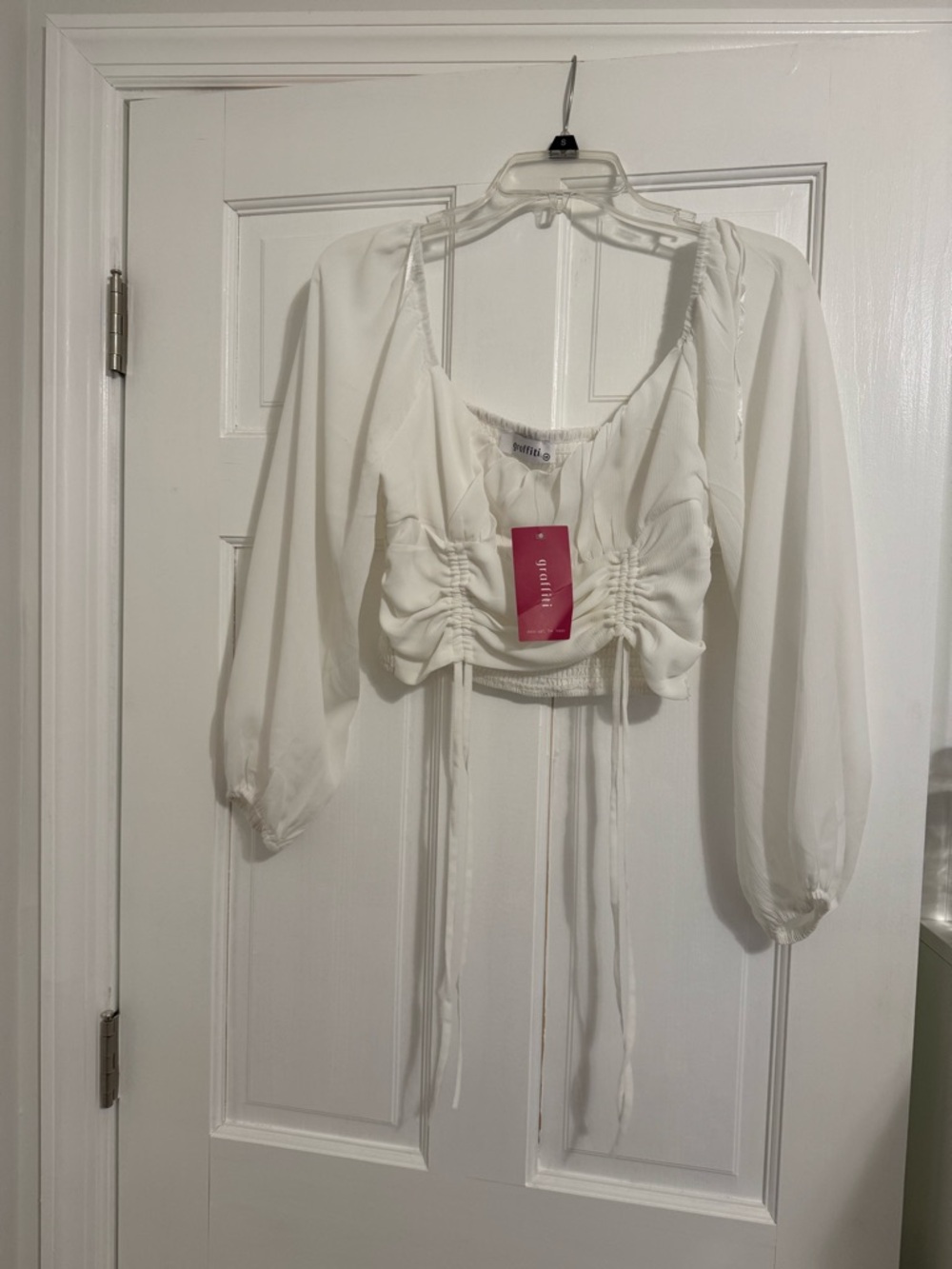 White Ruched Long-Sleeve Drawstring Crop Top